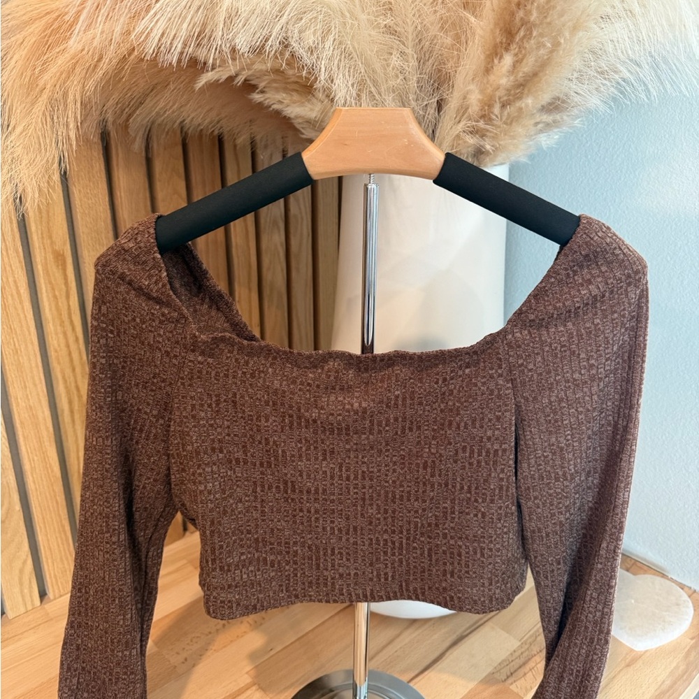 Brown Ribbed Off-Shoulder Crop Top